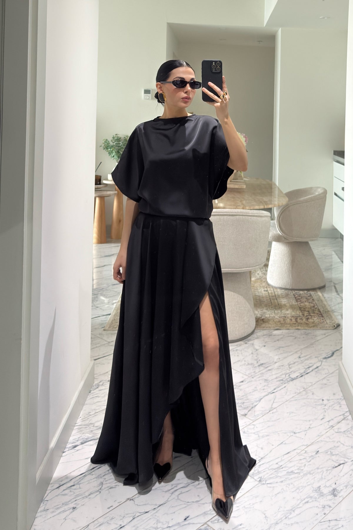 Siyah Saten Yırtmaçlı Elbise SY-3641-Siyah