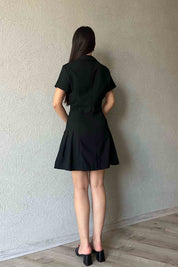 Siyah Önü Düğmeli Pile Detaylı Gömlek Elbise SY-2042-Siyah