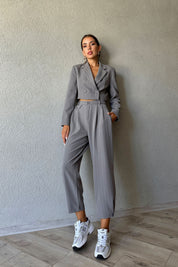 Antrasit Crop Ceket ve Paçası Düğme Detaylı Pantolon Takım SY-0935-Antrasit