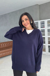 Lacivert V Yaka Oversize Pinterest Triko Kazak SY-3348-Lacivert