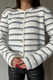 Ekru Lacivert Çizgili Şardonlu Gold Düğmeli Yuvarlak Yaka Hırka SY-1365-Ekru