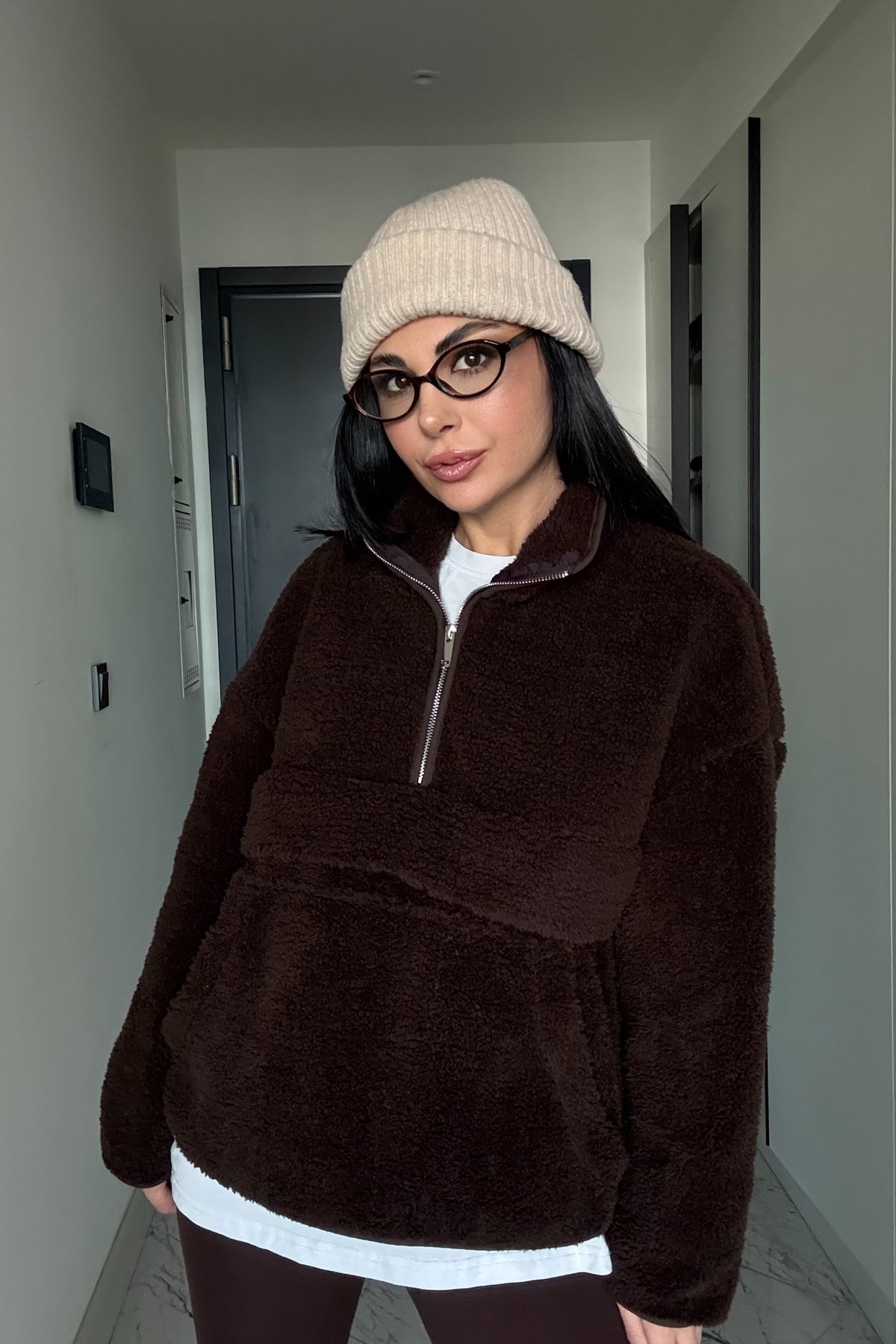 Kahverengi Dik Yaka Peluş Sweat SY-3510-Kahverengi