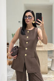 Kahve Çizgili Lidya Bol Paça Ve Yelek Takım SY-3690-Kahve