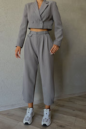 Antrasit Crop Ceket ve Paçası Düğme Detaylı Pantolon Takım SY-0935-Antrasit