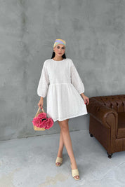 Ekru Brode Midi Boy Elbise SY-3049-Ekru