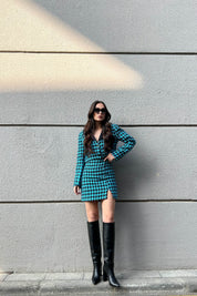 Mavi Tüvit Düğmeli Ceket Etek Takım SY-1582-Mavi