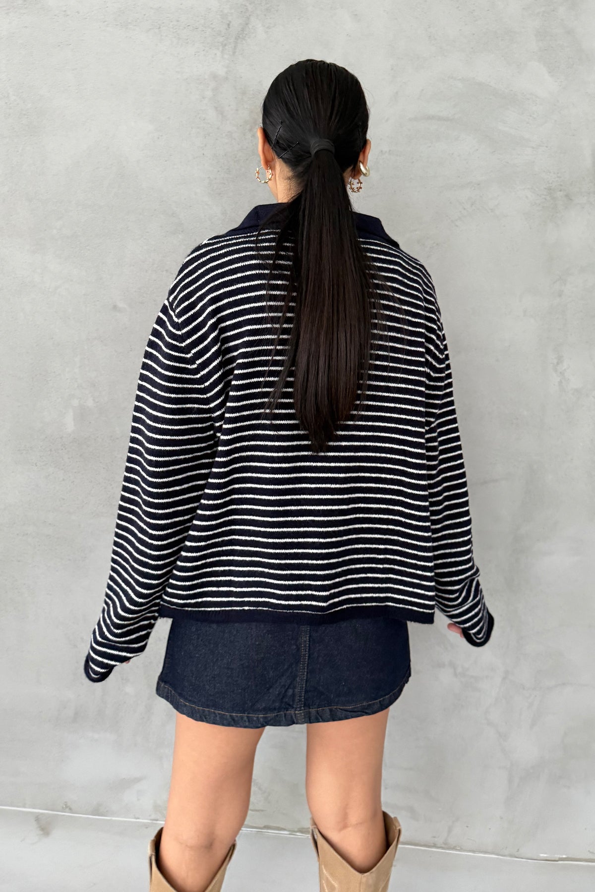 Lacivert Çizgili Polo Yaka Triko Kazak SY-3415-Lacivert