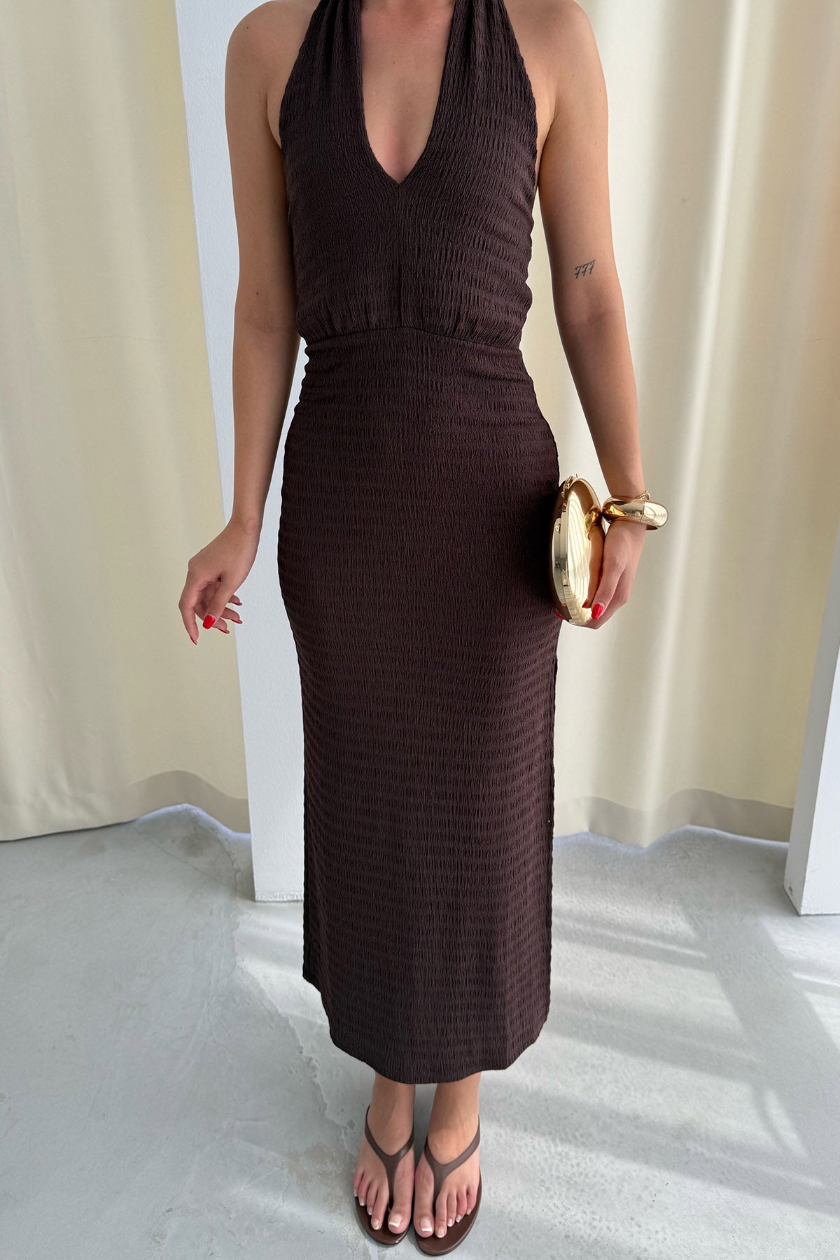 Kahve Boyundan Bağlamalı Fiorantina Yırtmaçlı Elbise SY-3274-Kahve