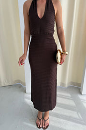 Kahve Boyundan Bağlamalı Fiorantina Yırtmaçlı Elbise SY-3274-Kahve