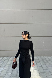 Siyah Uzun Kollu Büzgü Detaylı İkili Triko Takım SY-2455-Siyah