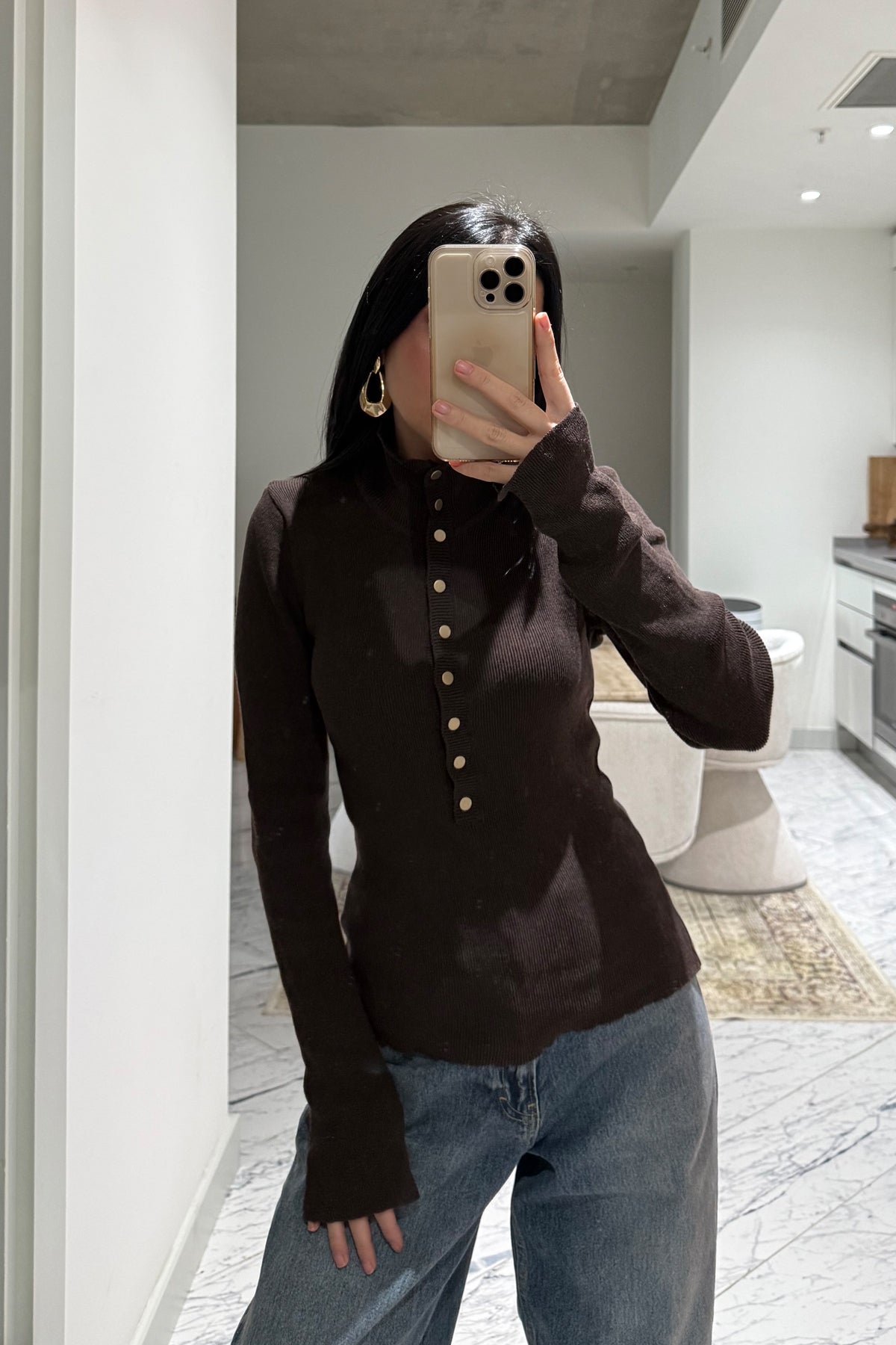 Kahve Dik Yaka Çıtçıtlı Triko Kazak SY-3502-Kahverengi