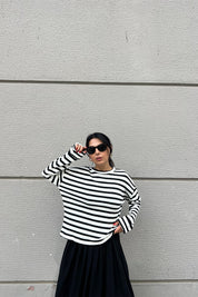 Ekru Siyah Çizgili Kolu Katlama Dikişli Uzun Kollu Triko SY-2505-Ekru