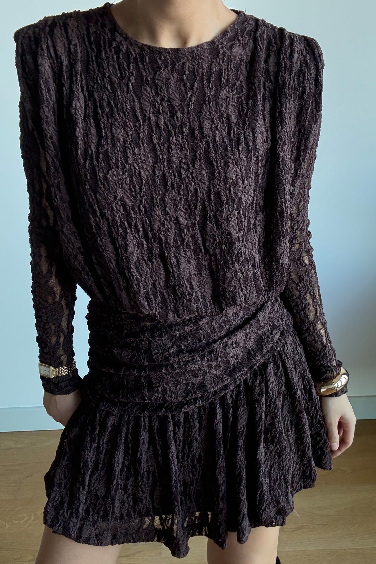 Kahverengi Güpürli Midi Tasarım Elbise SY-3489-Kahverengi