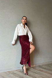 Bordo Pullu Bağlama Detaylı Etek SY-1393-Bordo