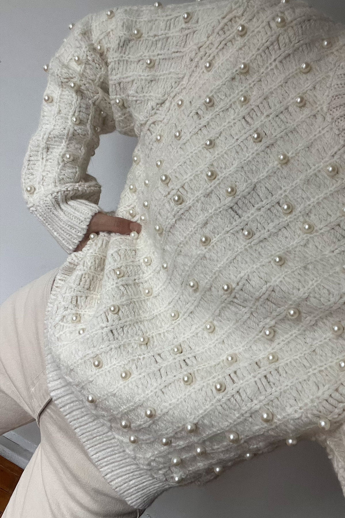 Krem İncili Bisiklet Yaka Premium Kazak SY-2835-Krem