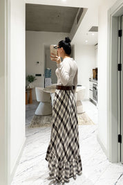 Kahverengi Ekoseli Asimetrik Fırfırlı Midi Etek SY-3483-Kahverengi