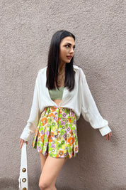 Renkli Çiçek Desenli Pileli Mini Etek SY-0332-Renkli
