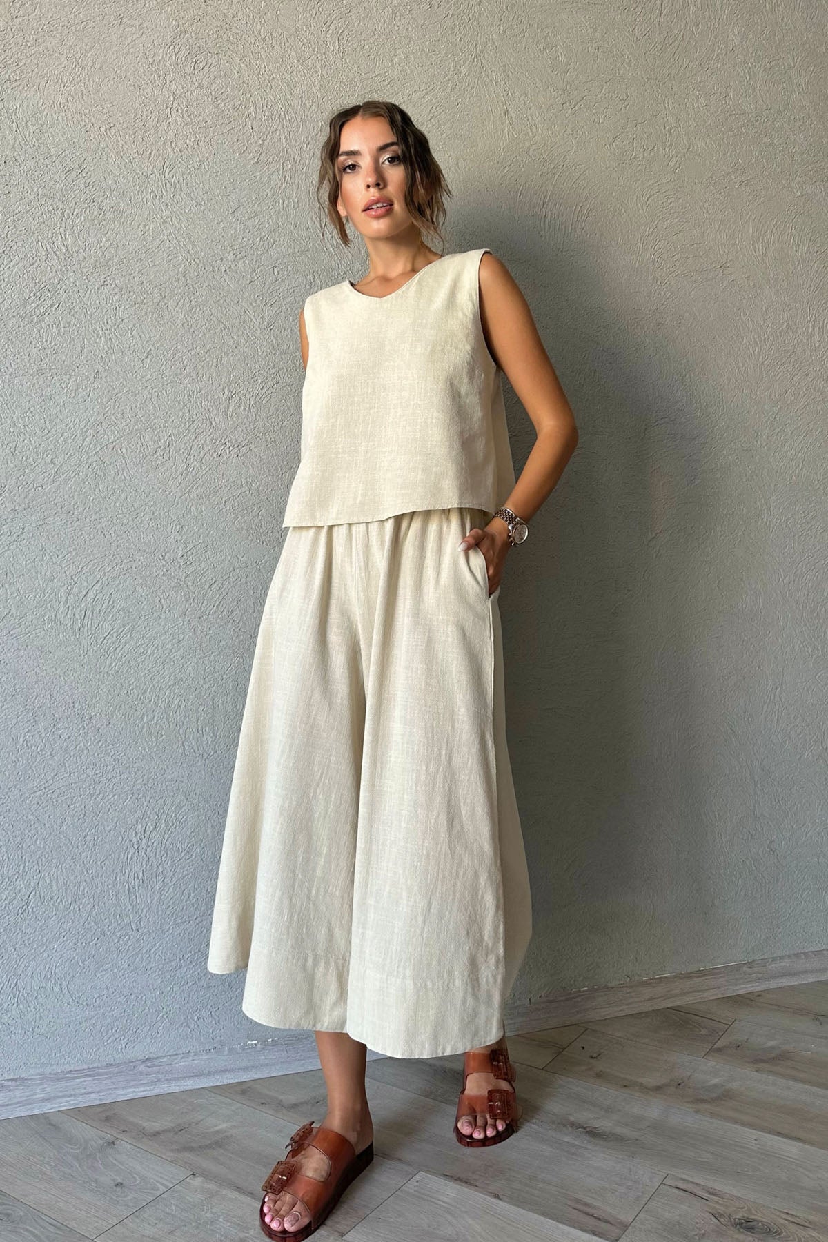Taş Keten Bluz ve Beli Lastikli Pantolon Takım SY-0766-Taş