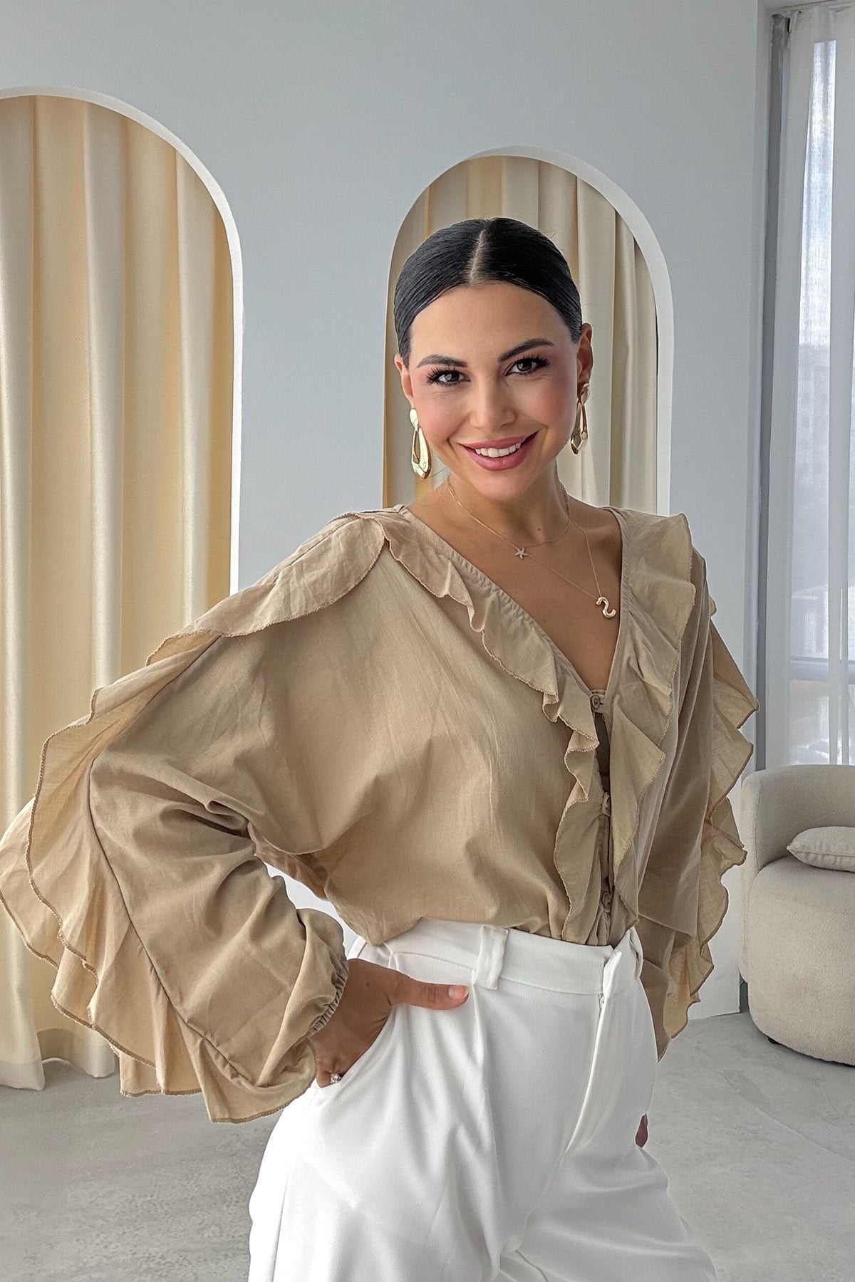 Bej Vual Pileli Gömlek SY-3126-Bej