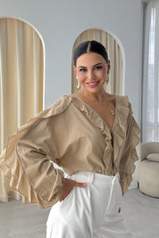 Bej Vual Pileli Gömlek SY-3126-Bej