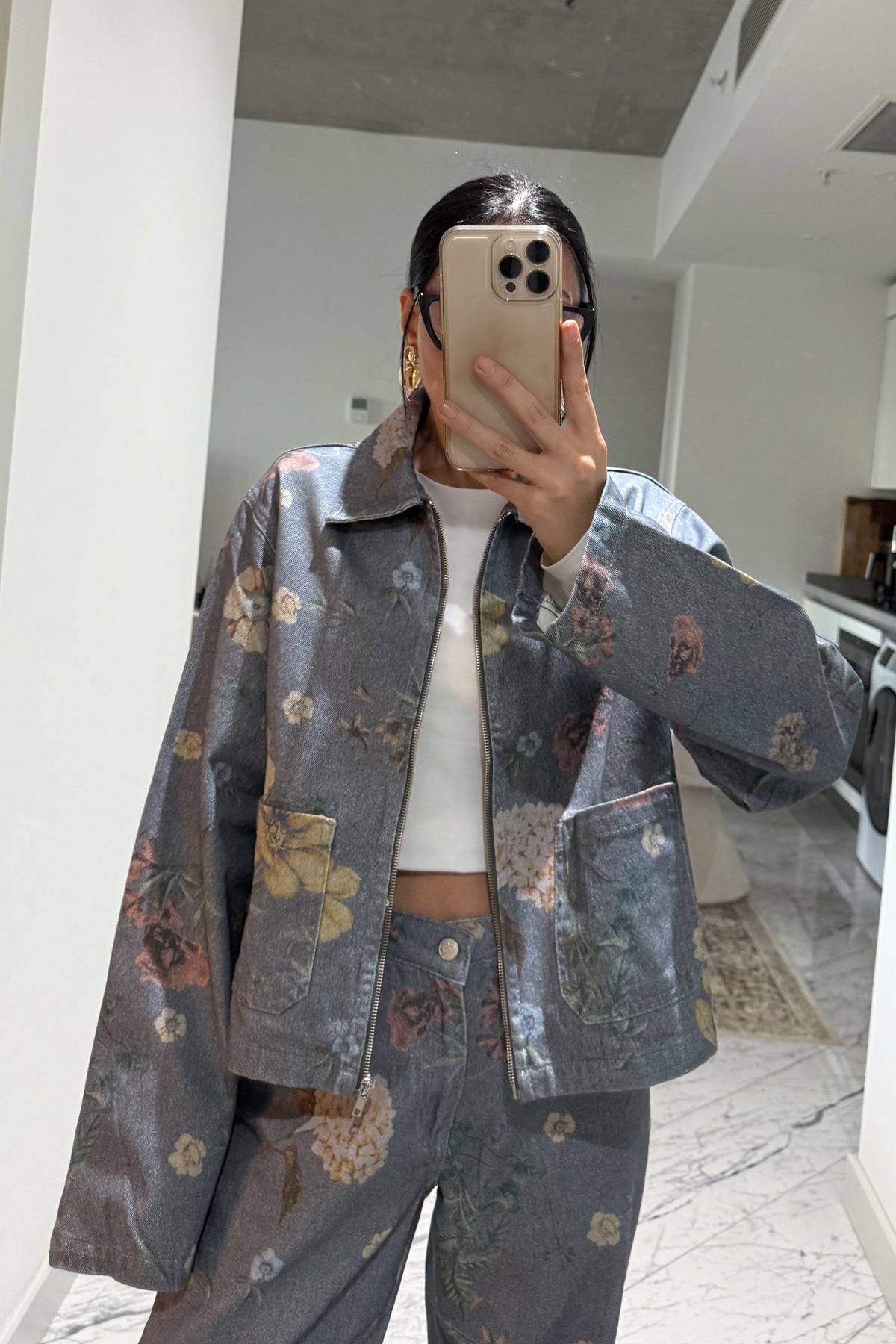 Mavi Çiçek Desenli Denim Ceket SY-3501-Mavi