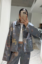 Mavi Çiçek Desenli Denim Ceket SY-3501-Mavi