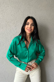 Yeşil Saten Düğmeli Gömlek SY-0867-Yeşil