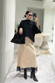 Krem Dantel Detaylı Maxi Saten Etek SY-3600-Krem