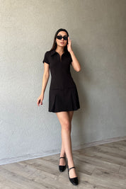 Siyah Önü Fermuarlı Cep Detaylı Gömlek Yaka Elbise SY-1802-Siyah