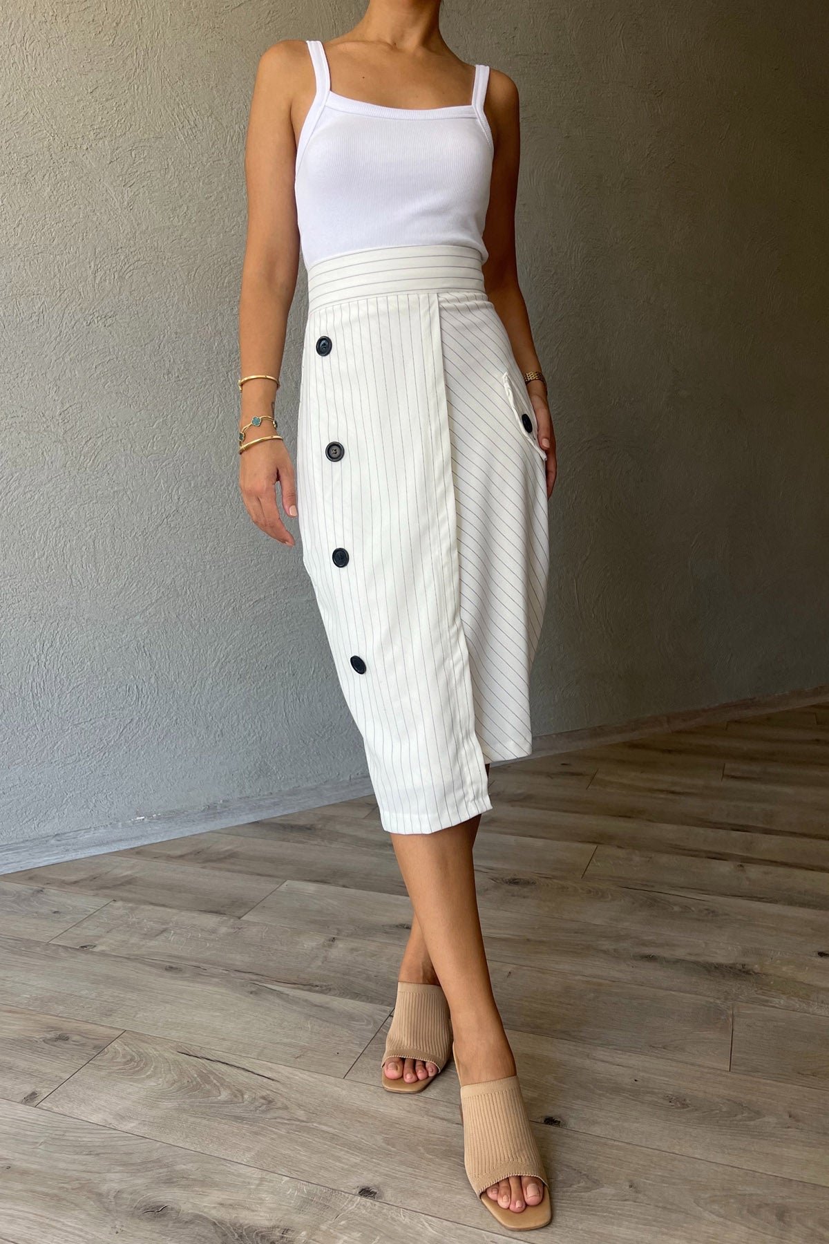 Beyaz Çizgili Midi Boy Etek SY-1642-Beyaz
