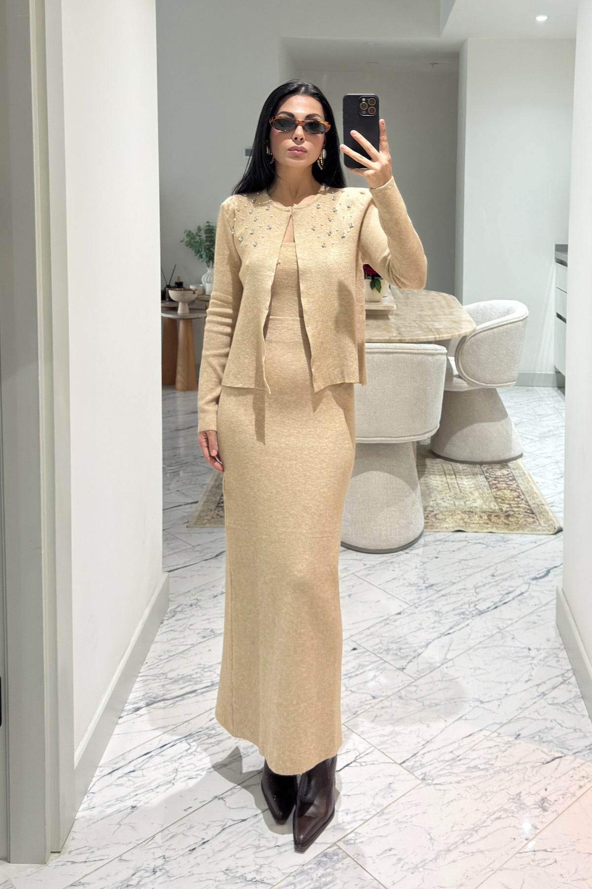 Bej Triko Önü Taş Detaylı Üçlü Takım SY-2433-Taş