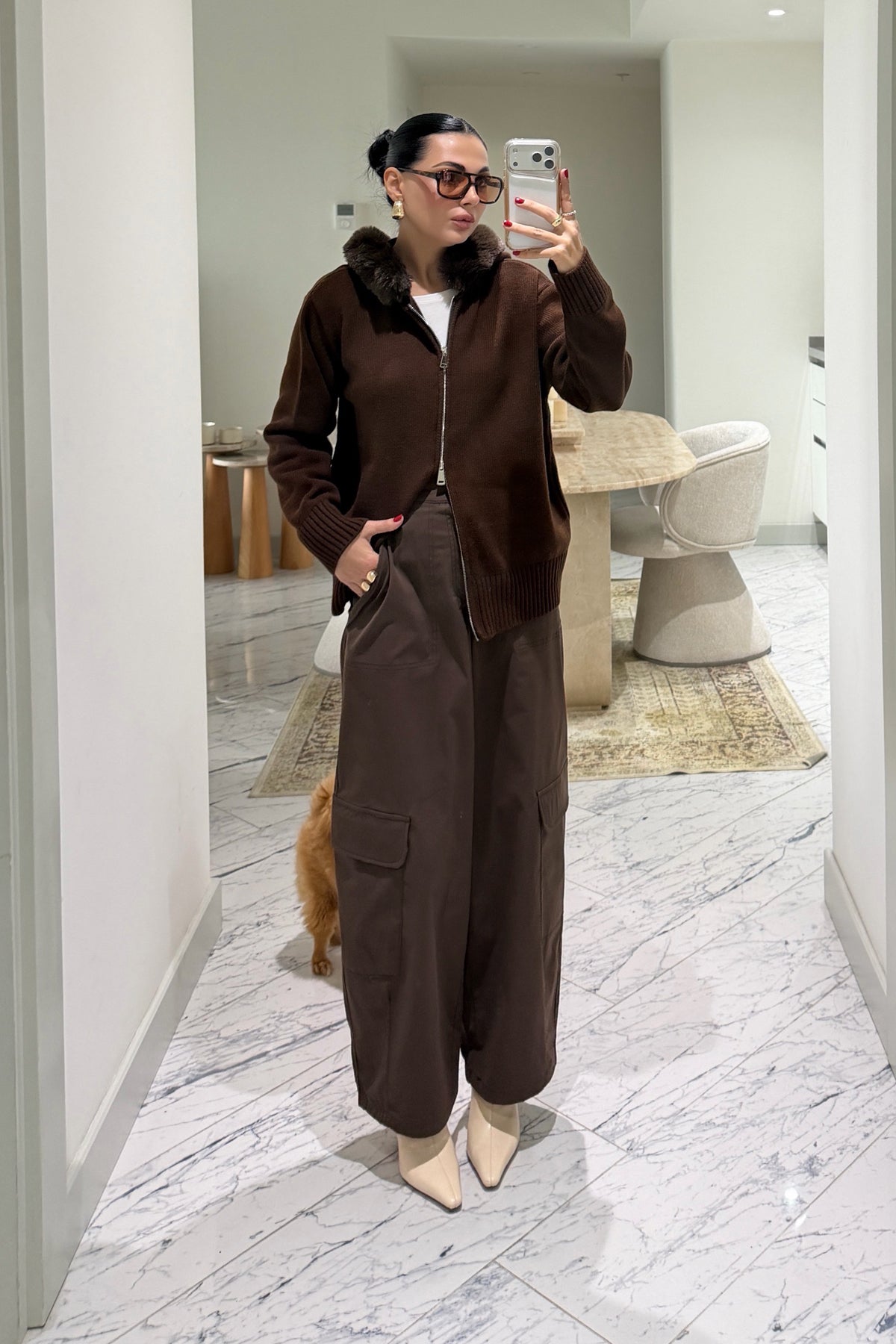 Peluş Detaylı Kahve Kapüşonlu Hırka SY-3908-Kahverengi