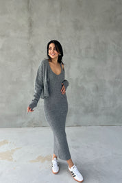 Gri Gül Detaylı Hırka Elbise İkili Takım SY-2448-Gri