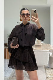 Eteği Kadife Astarlı Tasarım Tül Mini Elbise SY-3526-Kahverengi