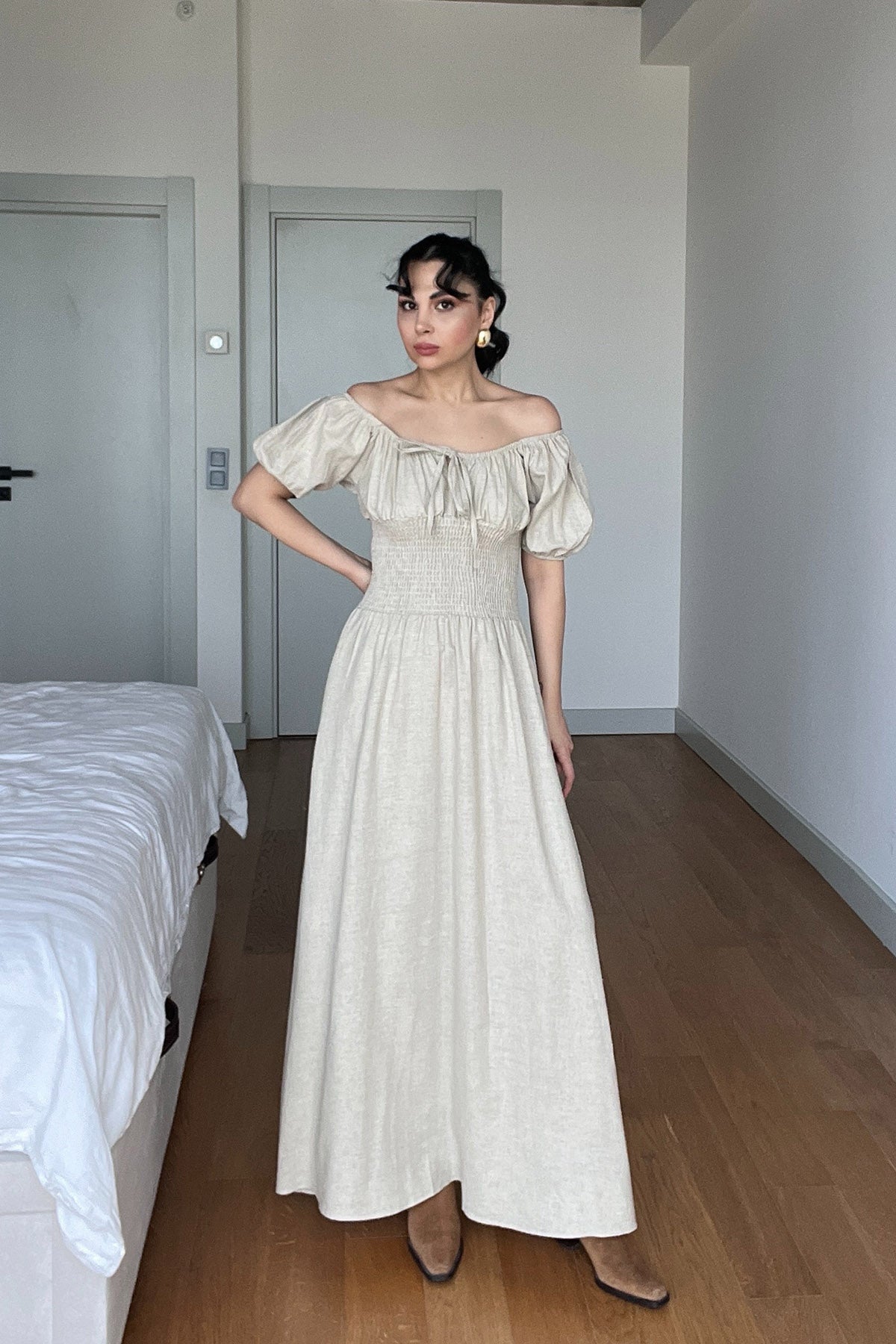 Bej Önü Gipeli Kısa Kol Elbise SY-3005-Bej