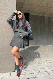 Antrasit Triko Balıkçı Yaka Kazak ve Etek Takım SY-1584-Antrasit