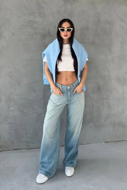 Açık Mavi Düşük Bel Eskitme Süper Wide Leg Jean SY-1713-Açık Mavi