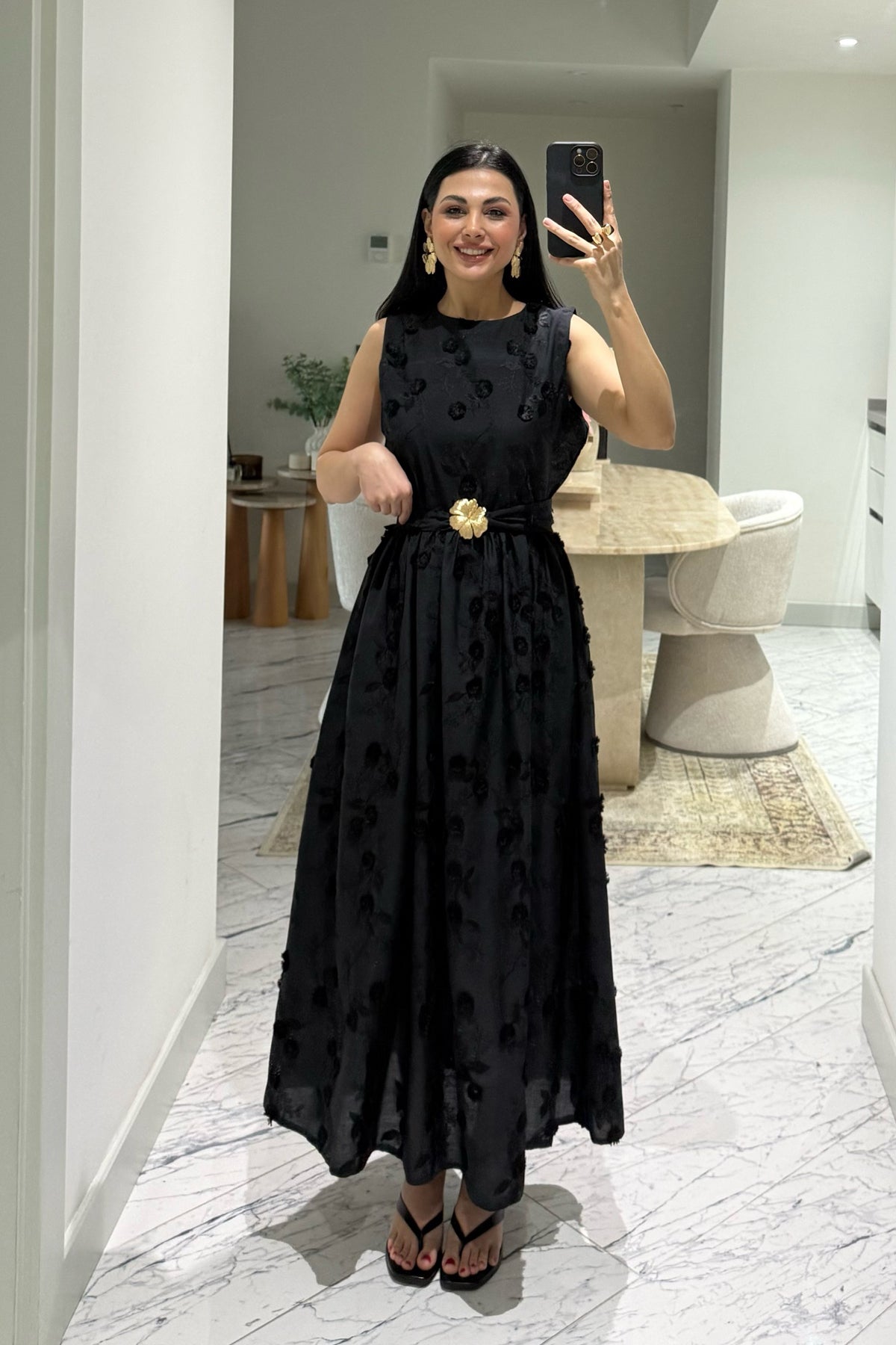 Santorini Çiçek Desenli Midi Elbise-Siyah SY-3661-Siyah