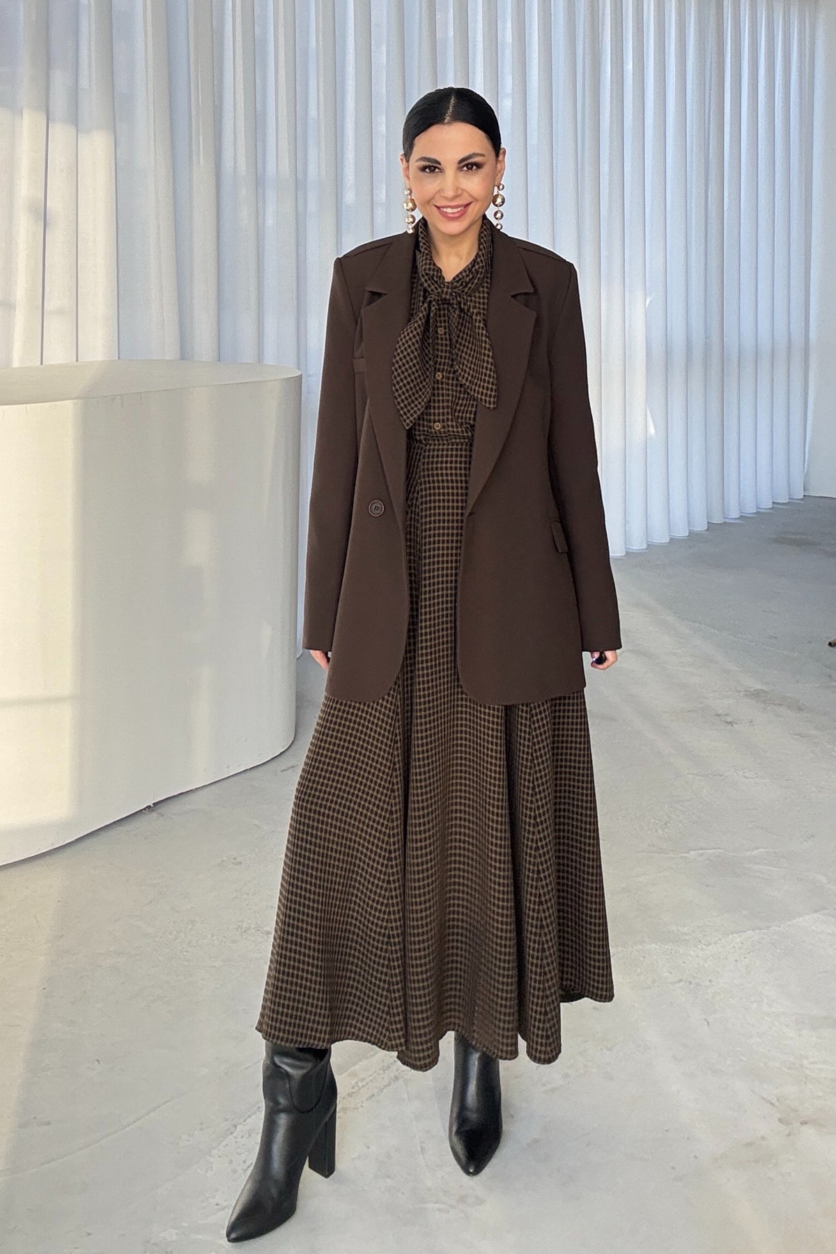 Kahverengi Şal Detaylı Blazer Ceket SY-3549-Kahverengi