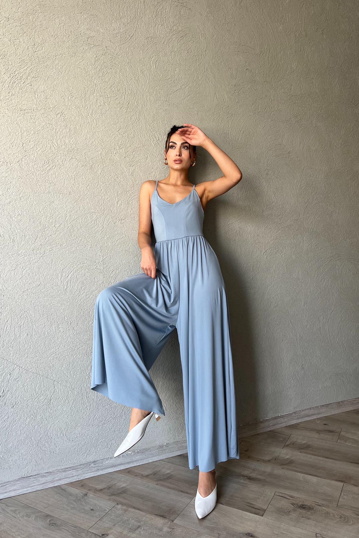 Mavi İnce Askı Detaylı Bol Paça Modal Tulum SY-1980-Mavi