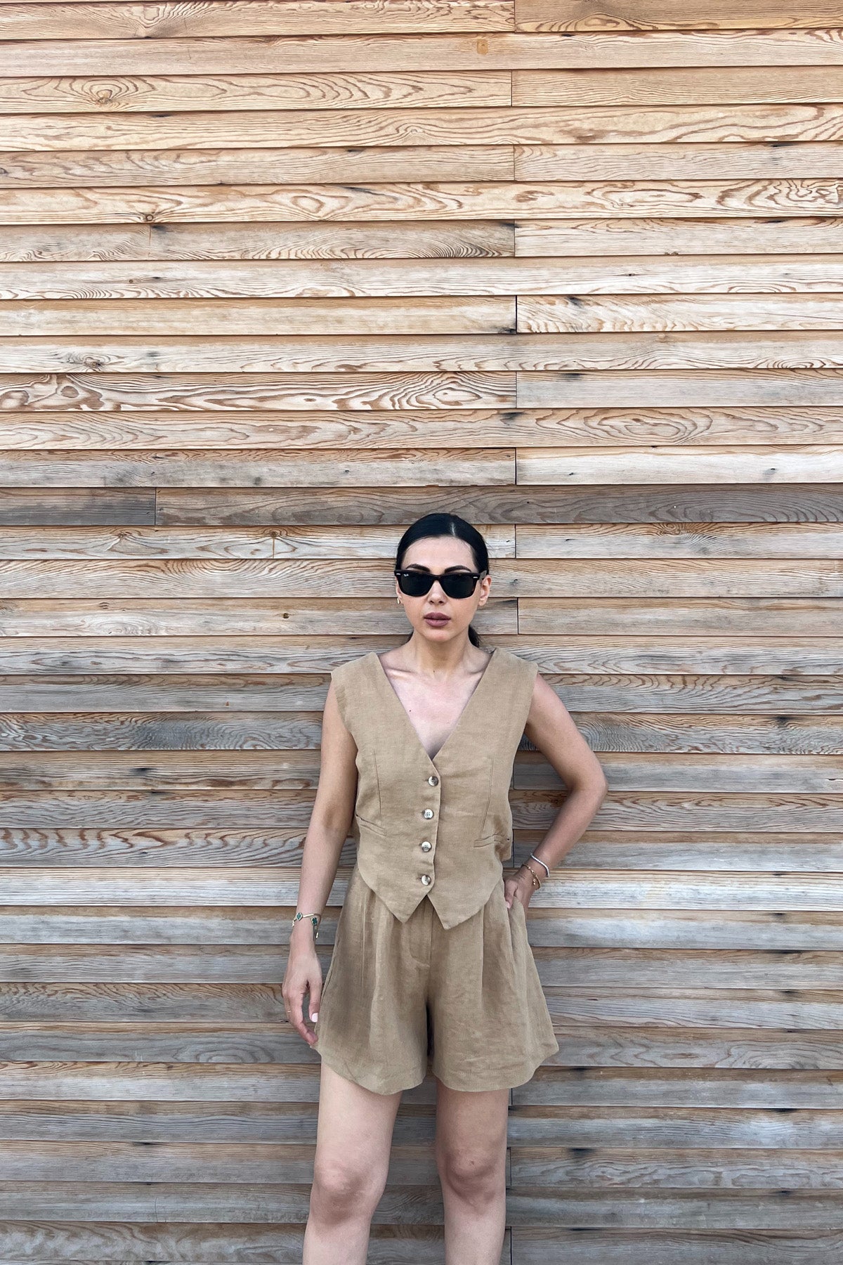 Vizon Sırt Detaylı Yelek Şort Keten Takım SY-2186-Vizon