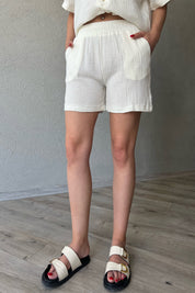 Ekru Kısa Kol Gömlek Şort Müslin Takım SY-2118-Ekru