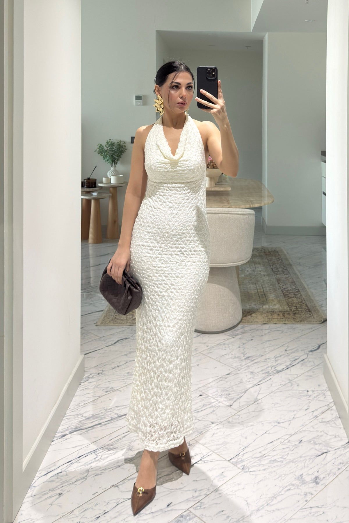 Beyaz Dantel Detaylı Degaje Yaka Elbise SY-3640-Beyaz