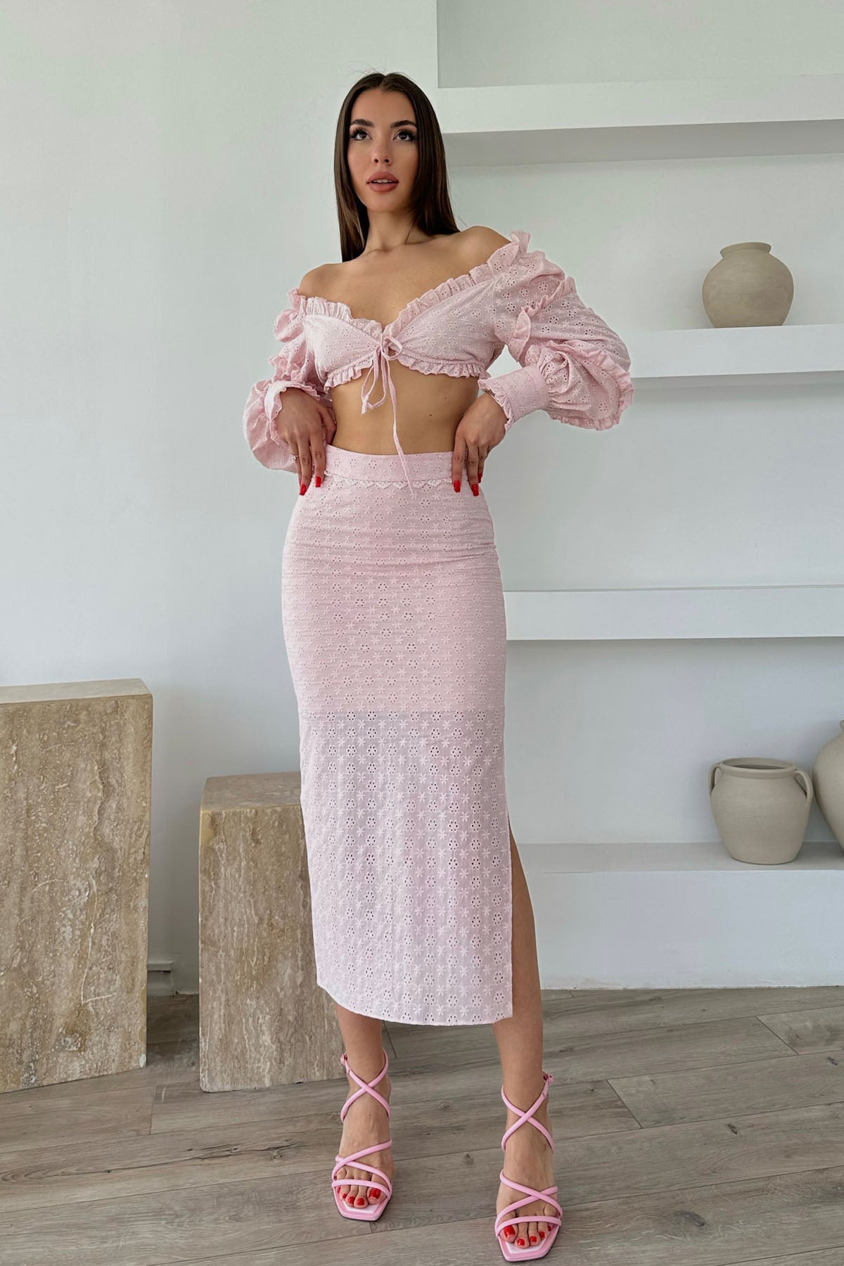 Pembe Tasarım Crop ve Yırtmaçlı Etek Fisto Takım SY-0476-Pembe