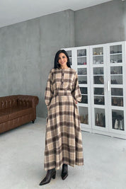 Ekose Desenli Kuşaklı Midi Elbise SY-3465-Kahverengi