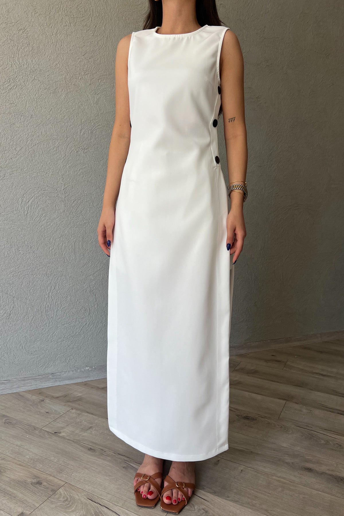 Beyaz Uzun Düğme Detaylı Elbise Şort Takım SY-2093-Beyaz