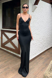 Siyah İp Askılı Detaylı Uzun Elbise SY-2066-Siyah