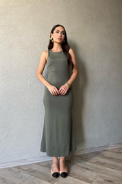 Haki Sıfır Kol Bisiklet Yaka Midi Elbise SY-1726-Haki