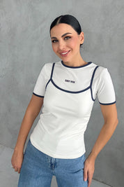 Ekru Atlet Detaylı Yan Büzgülü Bisiklet Yaka T-shirt SY-3317-Ekru