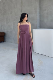 Mürdüm Geniş Pileli Kemerli Elbise SY-3070-Mürdüm